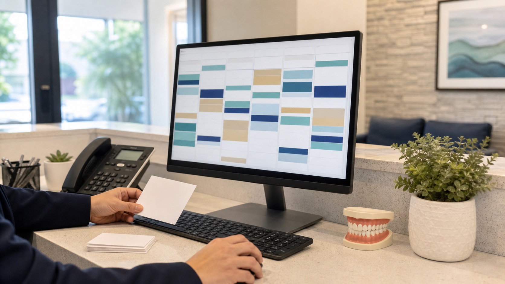 Dental front desk reviewing an abstract appointment calendar