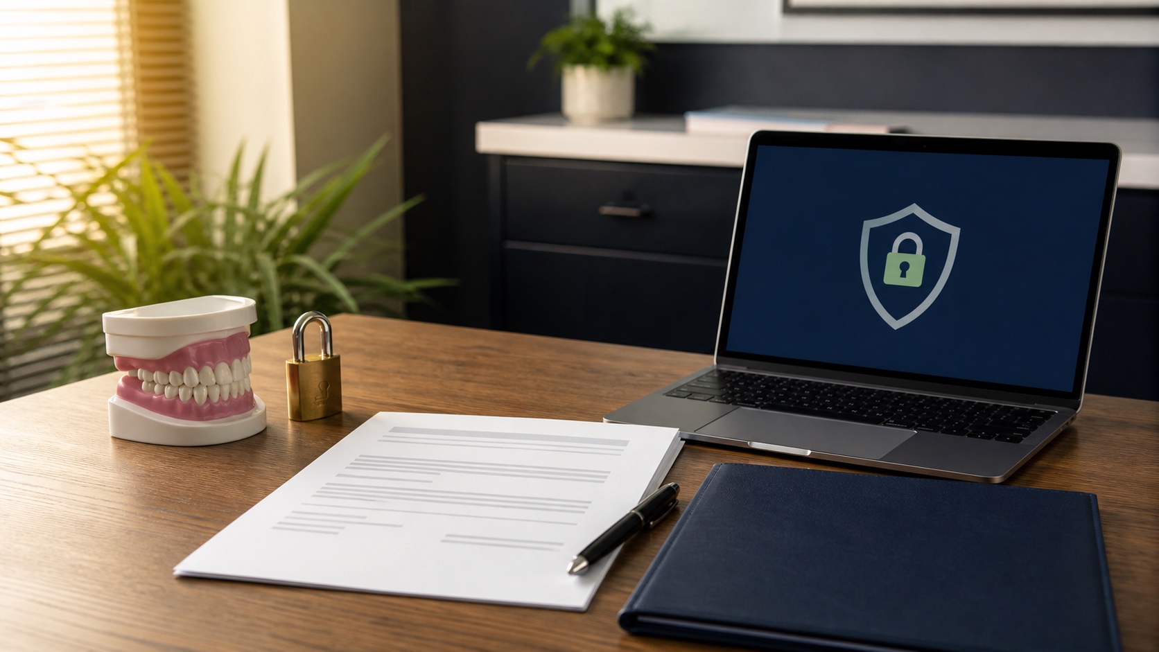 Dental privacy agreement beside a lock and a secure laptop