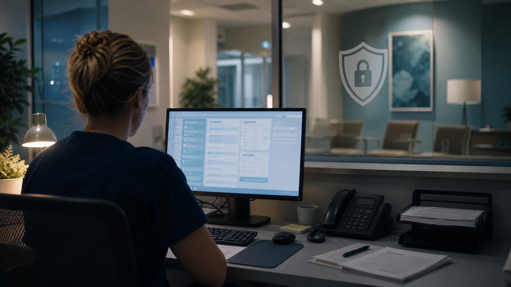 Medical practice administrator reviewing an abstract digital record