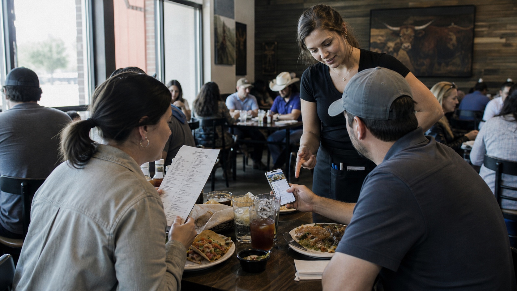 Diners choosing between digital ordering and help from a restaurant server