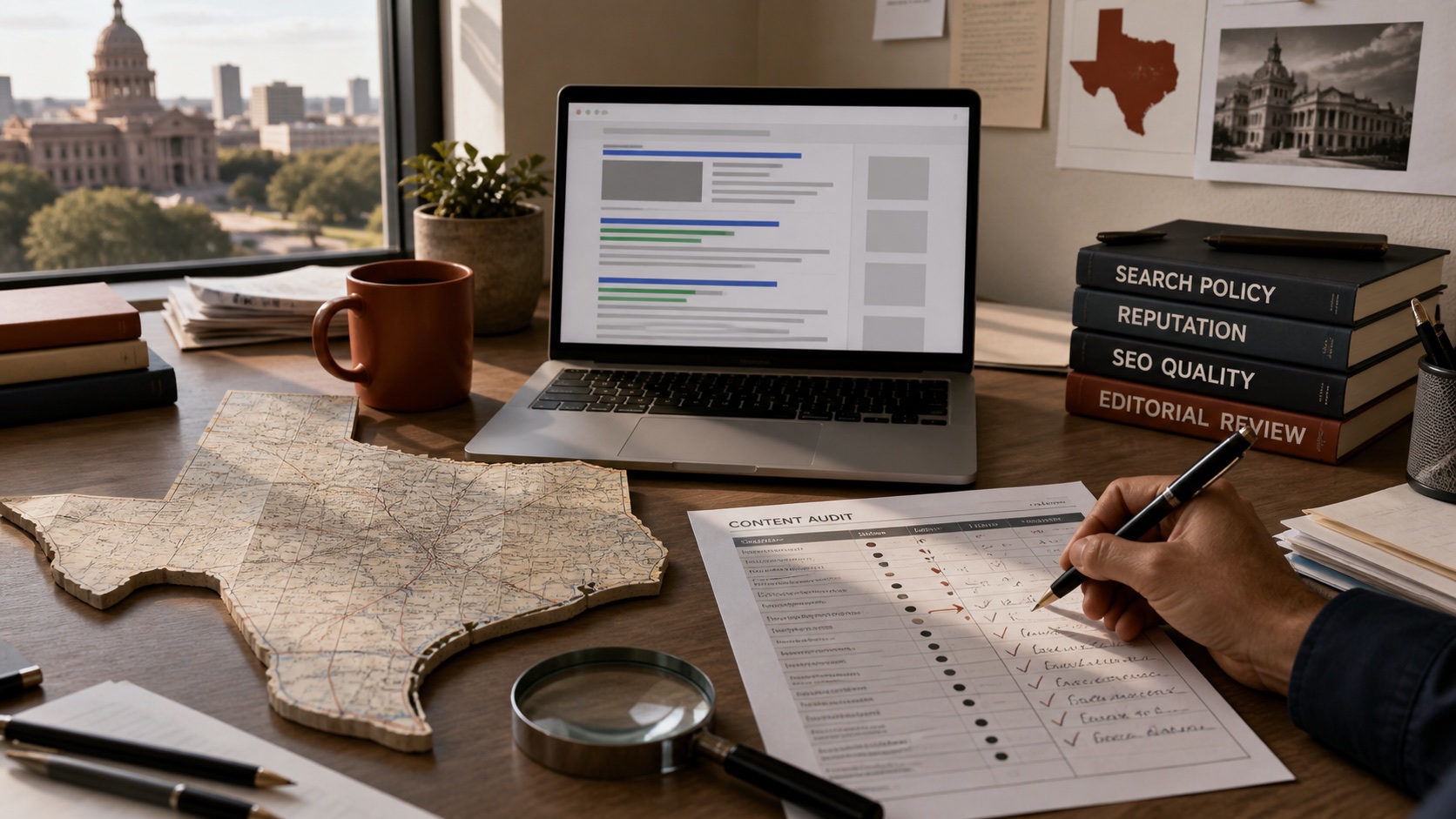 Editorial desk with a Texas map and an abstract search audit